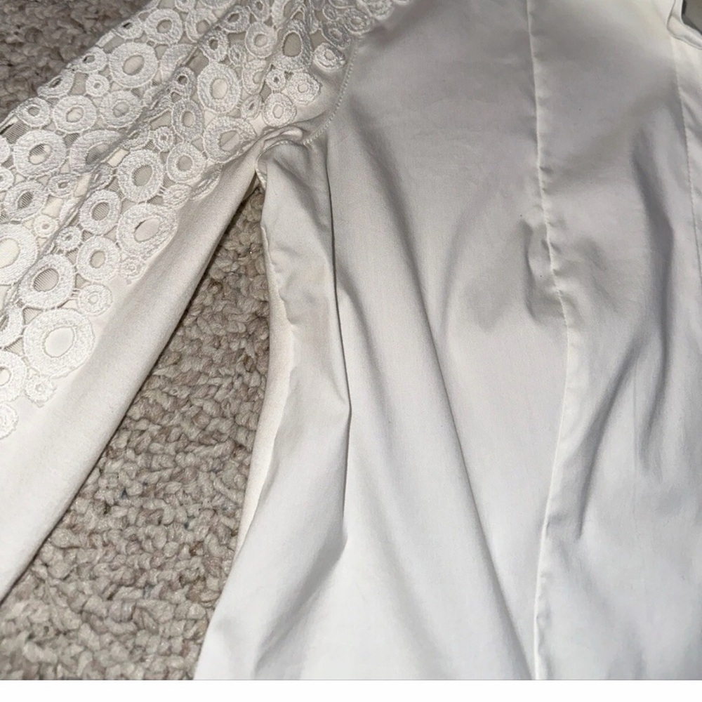 Akris Punto Stretch Blouse White Button Up Down Lace Sheer Sleeves Women’s Sz 10 - Picture 2 of 5